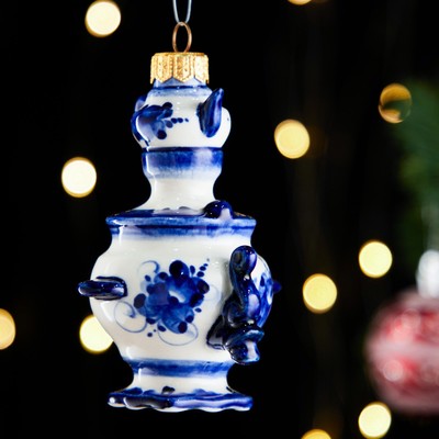 Ёлочная игрушка гжель «Самовар с чайником», бело-синяя, керамика, 10 см,