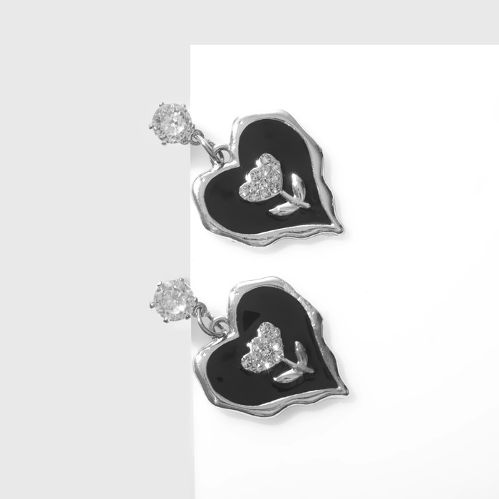 Серьги эмаль «Сердца» с тюльпанами, цвет бело-чёрный в серебре