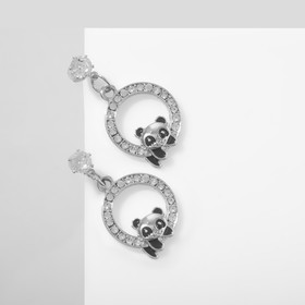Серьги эмаль «Панды» на кольцах, цвет чёрно-белый в серебре