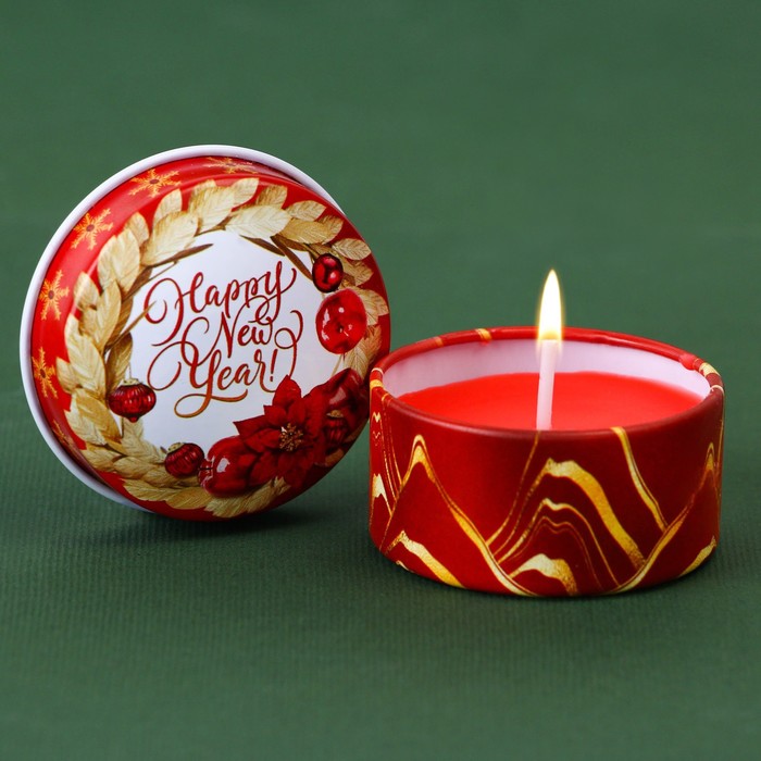 Новогодняя свеча в железной банке Happy New Year, аромат яблоко, диам. 4,8 см