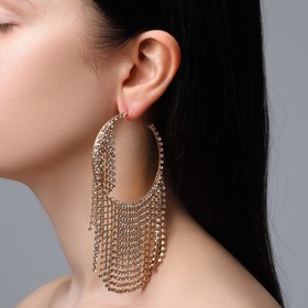 Серьги висячие со стразами "Водопад" нити на крупных кольцах, цвет белый в золоте