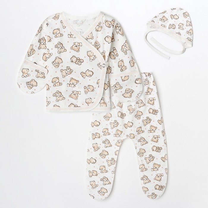 Комплект детский (3 предмета), цвет бежевый/мишки, рост 56 см