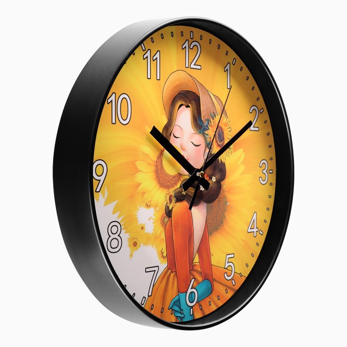 Часы настенные, серия: Интерьер, "Девушка с подсолнухом", плавный ход, d-30 см, АА
