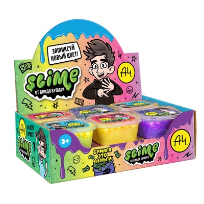 Слайм одноцветный в шоу-боксе «Влад А4», 3 вида, 12 шт.