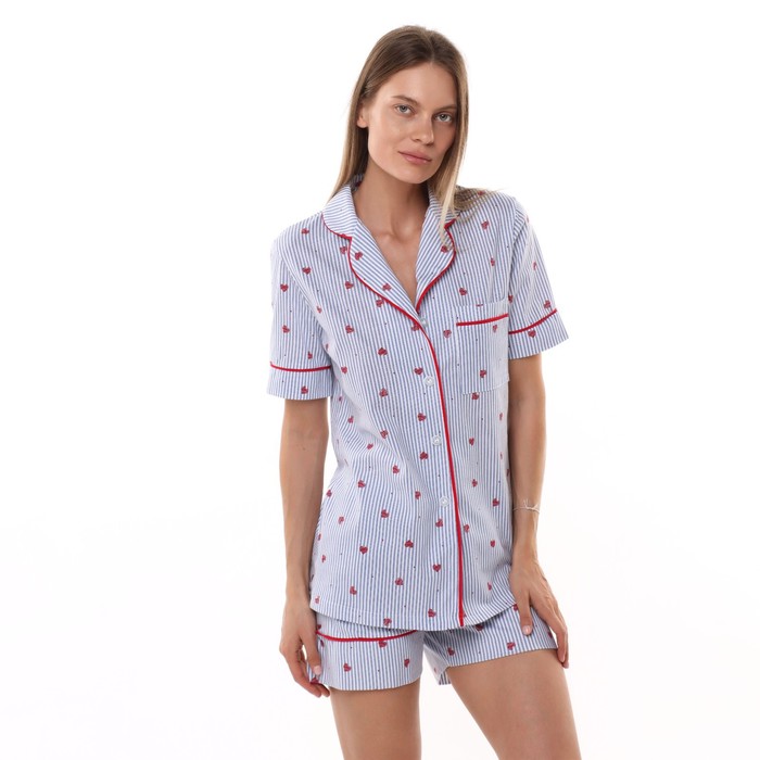 Комплект женский домашни (рубашка/шорты), цвет голубой/красный, размер 44