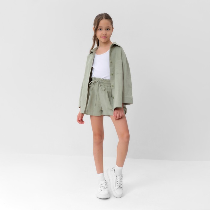 Костюм для девочки (рубашка и шорты) MINAKU, оливковый, рост 146-152 см - Фото 1