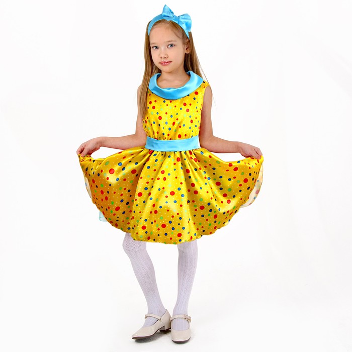 Карнавальный костюм «Стиляги 7», платье жёлтое в мелкий цветной горох, повязка, р. 32, рост 122-128 см - фото 1910717338