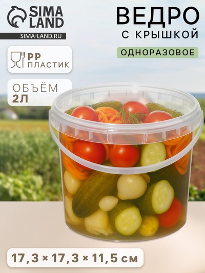 Ведро одноразовое с крышкой, пластик, 2 л, d=17.3 см, пищевое, прозрачное