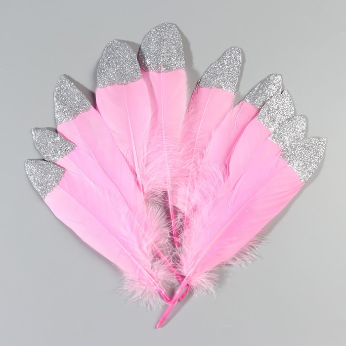 Набор перьев гуся 15-20 см, 10 шт, ярко-розовый с серебрянной крошкой