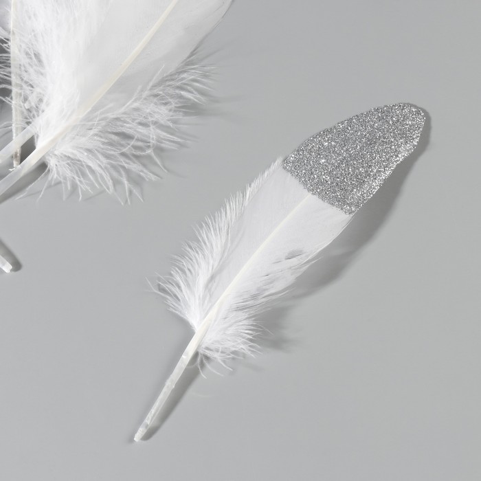 Набор перьев гуся 15-20 см, 10 шт, белый с серебрянной крошкой