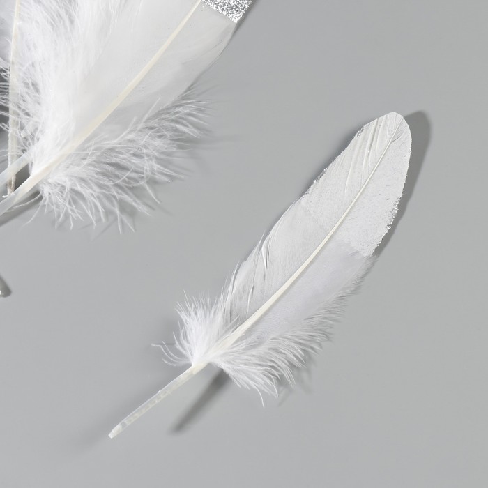 Набор перьев гуся 15-20 см, 10 шт, белый с серебрянной крошкой