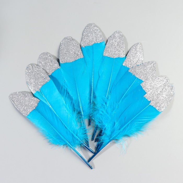 Набор перьев гуся 15-20 см, 10 шт, голубой с серебрянной крошкой