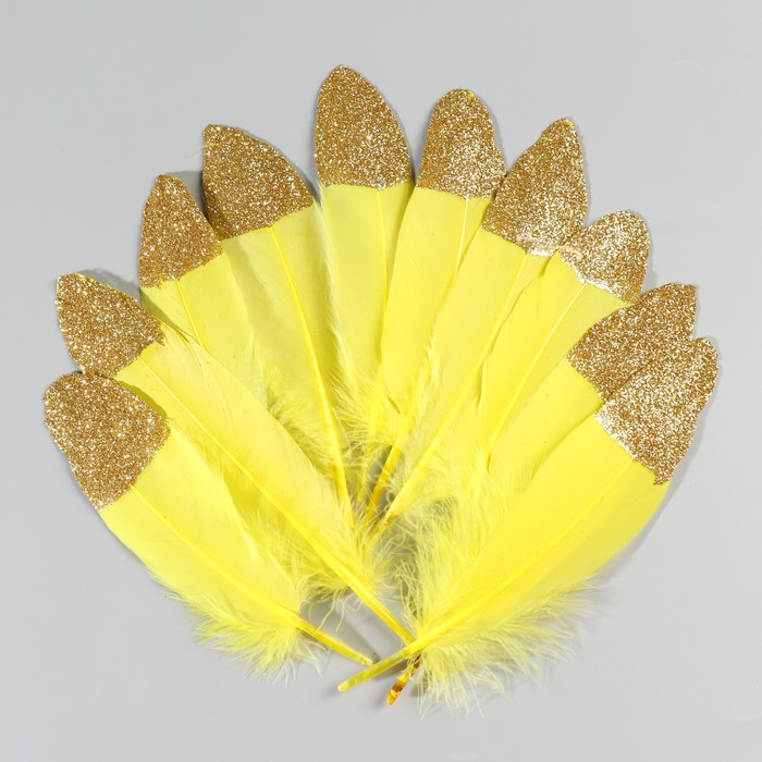 Набор перьев гуся 15-20 см, 10 шт, жёлтый с золотой крошкой