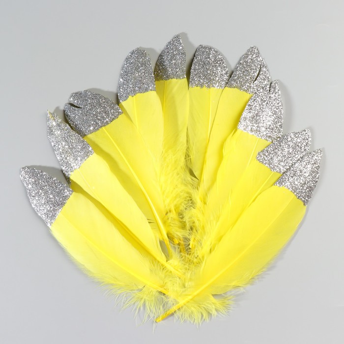 Набор перьев гуся 15-20 см, 10 шт, жёлтый с серебрянной крошкой