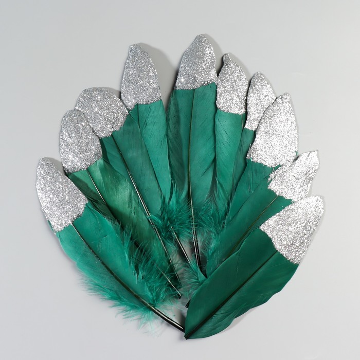 Набор перьев гуся 15-20 см, 10 шт, тёмно-зелёный с серебрянной крошкой