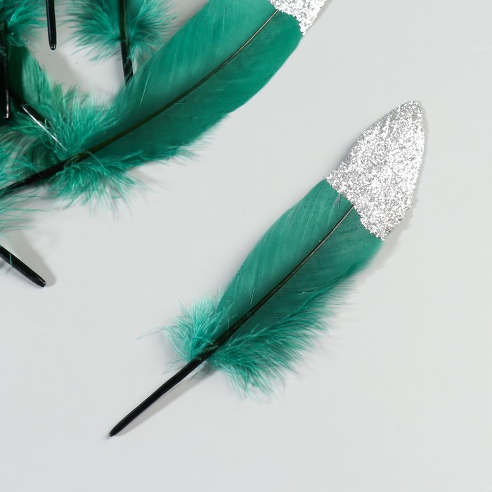 Набор перьев гуся 15-20 см, 10 шт, тёмно-зелёный с серебрянной крошкой