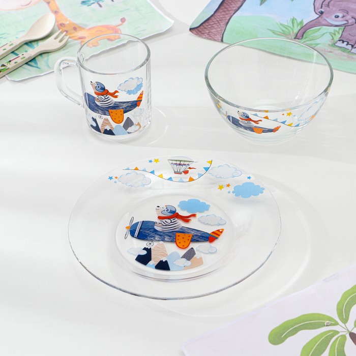 Набор стеклянной детской посуды «Авиаторы», 3 предмета - Фото 1