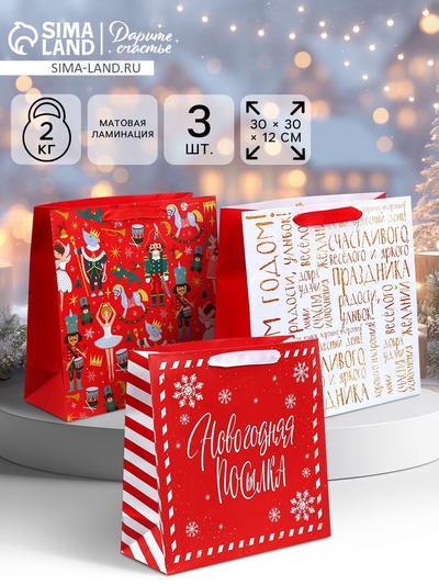Набор пакетов подарочных «Снежного Нового года», 3 шт., 30×30×12 см
