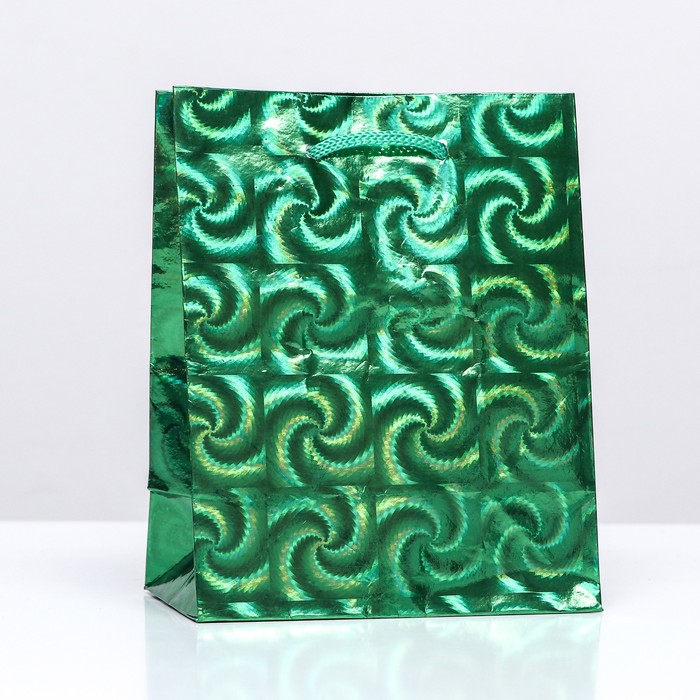 Пакет подарочный, фольгированный, Зеленый 14 Х 11 Х 5 см