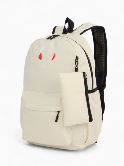 Рюкзак школьный с кошельком на молнии, с карманами, с принтом, белый