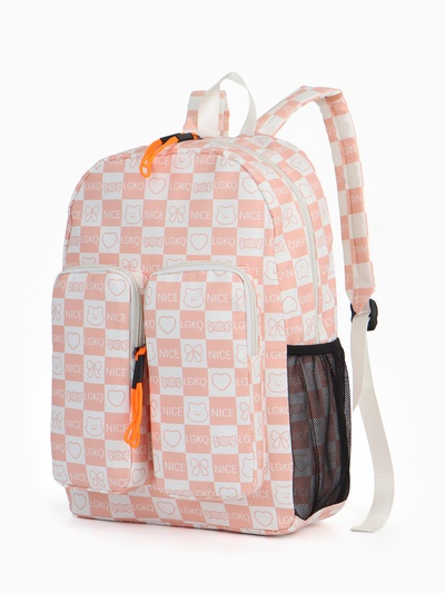 Рюкзак школьный на молнии, с карманами, в клетку, размер 30×14×43 см, белый/розовый