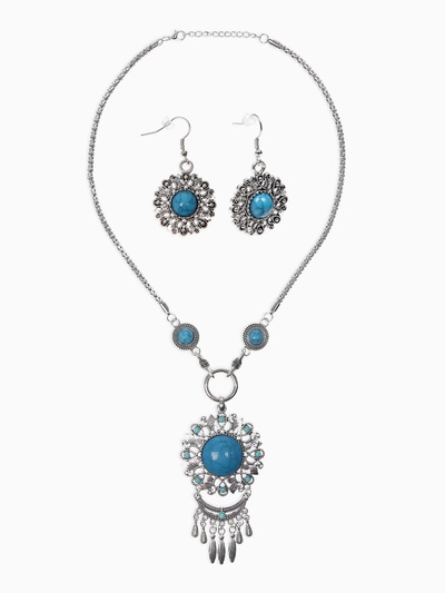 Набор 2 предмета: серьги, колье «Индия», цвет голубой в чернёном серебре, 50 см
