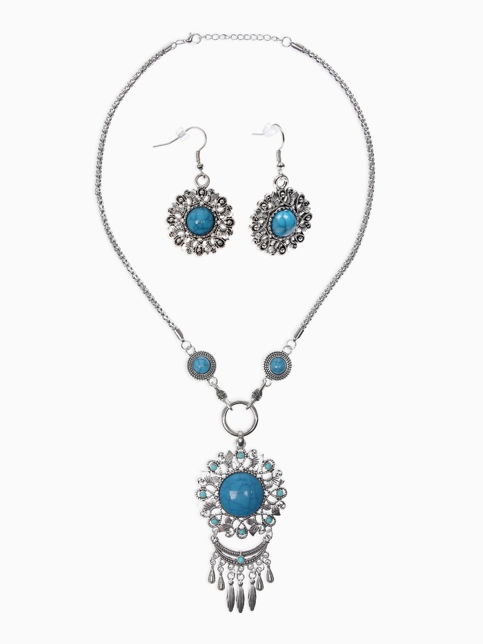 Набор 2 предмета: серьги, колье «Индия», цвет голубой в чернёном серебре, 50 см - Фото 1