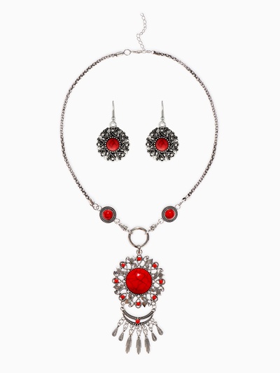 Набор 2 предмета: серьги, колье «Индия», цвет красный в чернёном серебре, 50 см