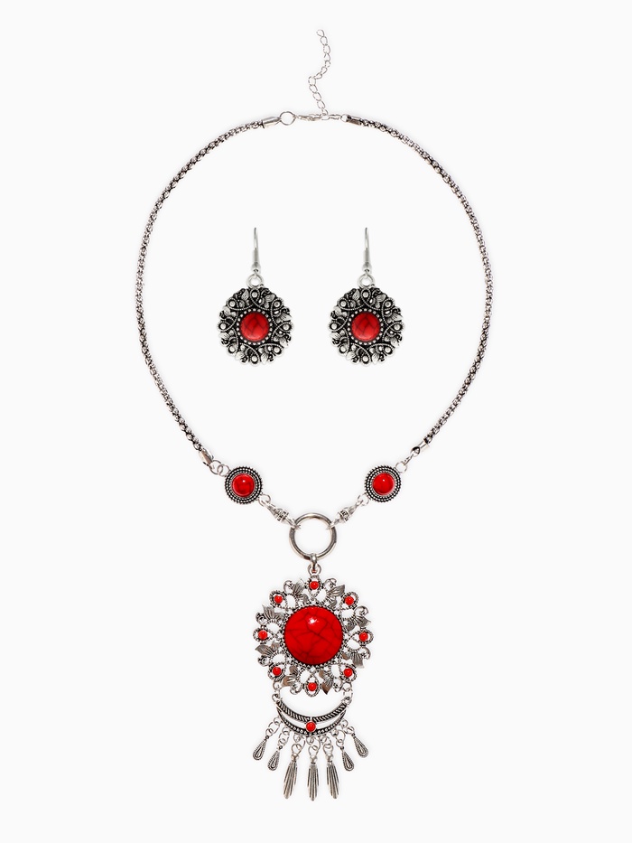 Набор 2 предмета: серьги, колье «Индия», цвет красный в чернёном серебре, 50 см - Фото 1