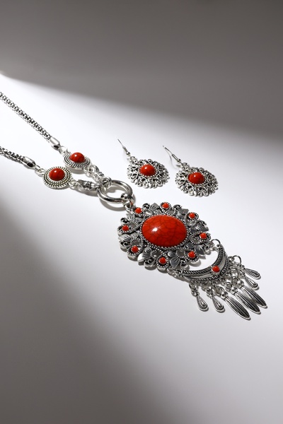Набор 2 предмета: серьги, колье «Индия», цвет красный в чернёном серебре, 50 см