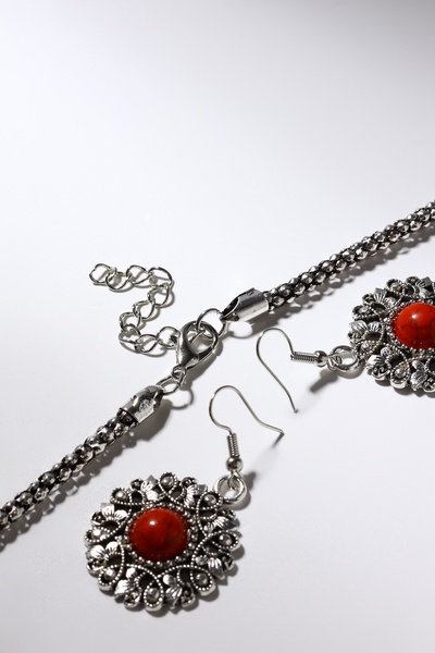 Набор 2 предмета: серьги, колье «Индия», цвет красный в чернёном серебре, 50 см