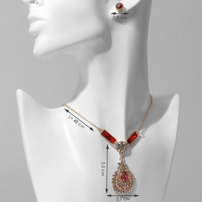 Гарнитур 2 предмета: кулон, серьги «Роса» цветочная, цвет красно-белый в золоте, 48 см