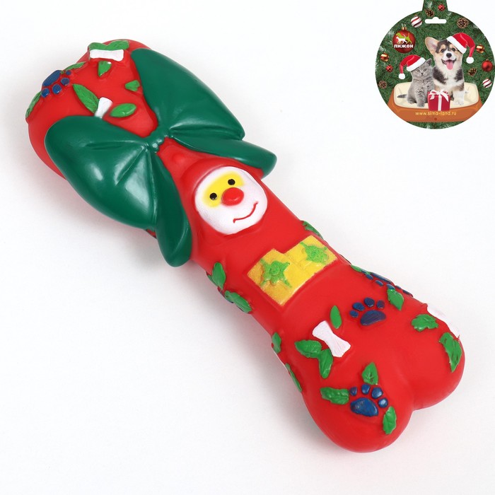Игрушка пищащая для собак "Новогодняя кость с бантиком", виниловая, 18 х 5,6 х 4 см, красная - Фото 1