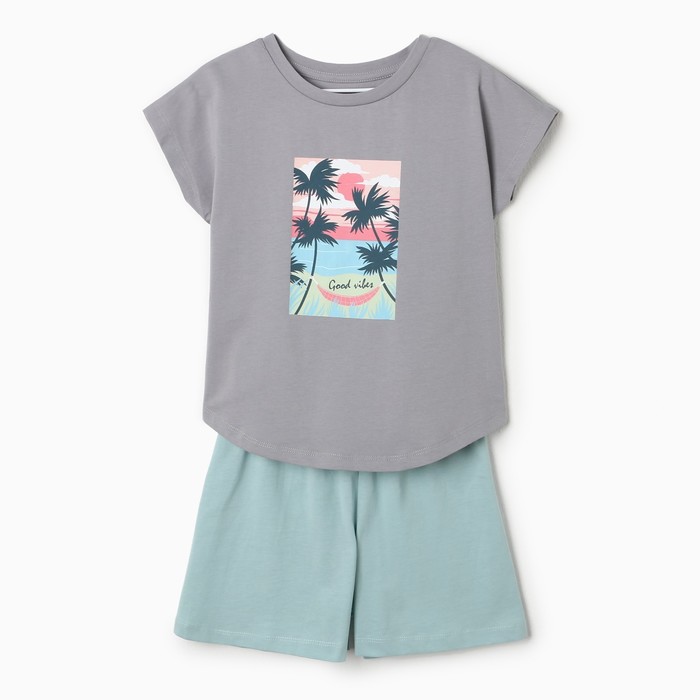 Комплект для девочек (футболка, шорты), цвет серый/мята, размер 104 см
