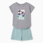Комплект для девочек (футболка, шорты), цвет серый/мята, размер 110 см - фото 319658154
