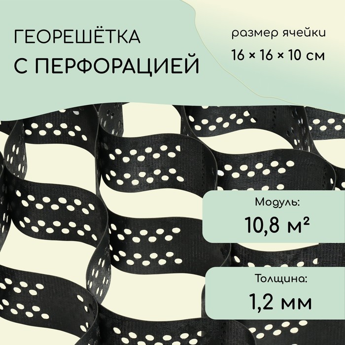 Георешётка 10,8 м² (2,3 × 4,6 м), ячейка 16 × 16 × 10 см, диагональ 22 см, толщина 1,2 мм - Фото 1