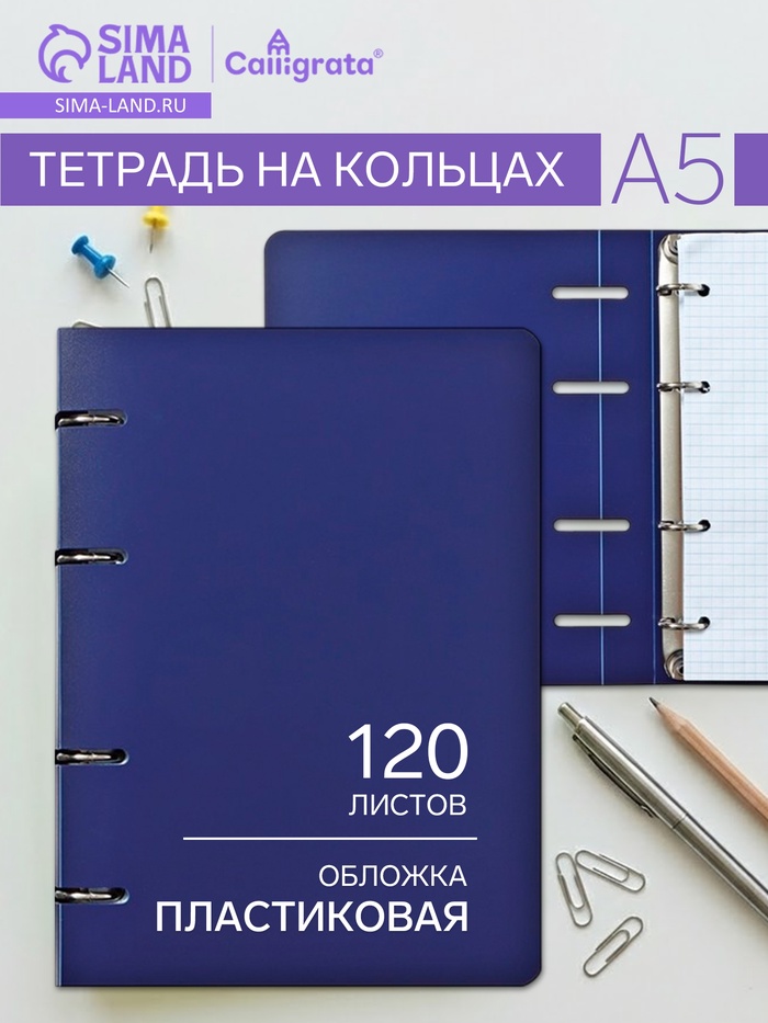 Тетрадь на кольцах Calligrata A5, 120 листов, в клетку, пластиковая обложка, блок офсет, синяя - Фото 1