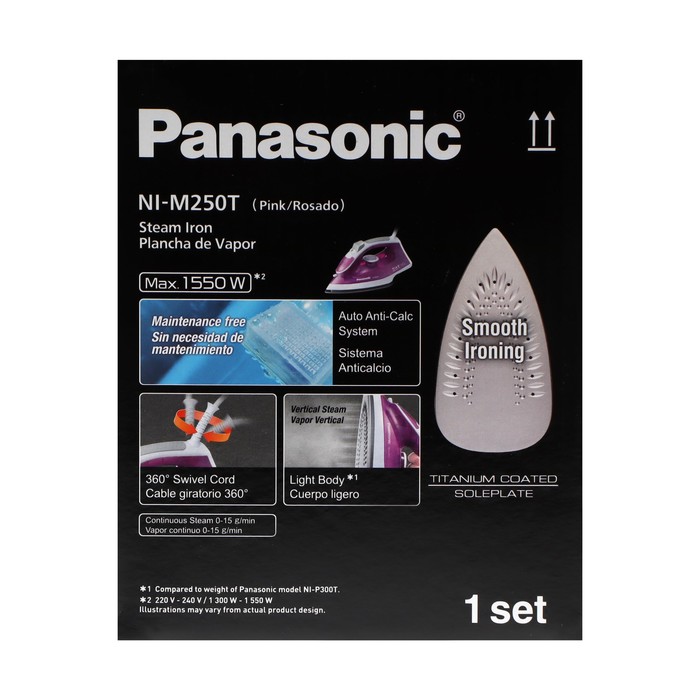 Утюг PANASONIC NI-M 250TPTV PINK, 1550 Вт, 15 г/мин, пар удар 75 г/мин, 210 мл, шнур 1.8 м - фото 51329626