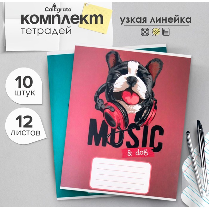

Комплект тетрадей из 10 штук, 12 листов в узкую линию Calligrata "Собачий стиль", обложка мелованный картон, ВД-лак, блок офсет, 5 видов по 2 штуки