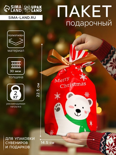 Пакет полиэтиленовый подарочный новогодний «Белый медведь», с завязками, 14.5×22.5 см