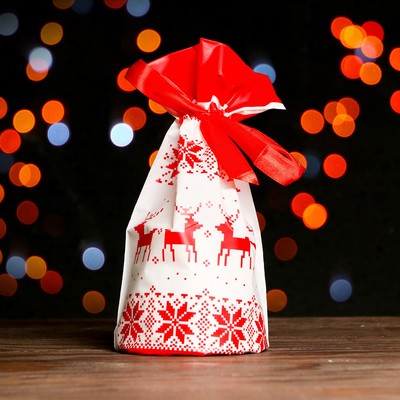 Пакет полиэтиленовый подарочный, с завязками "Новогодний узор", 15*23см
