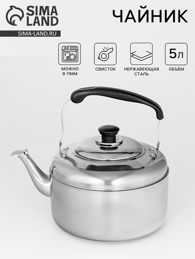 Чайник, 5 л, со свистком, нержавеющая сталь, цвет хромированный