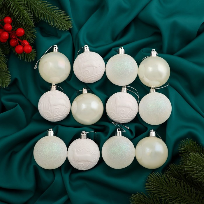 Ёлочные игрушки «Мелодия», шары новогодние, d=6 см, набор 12 шт., узор блеск, белый - Фото 1