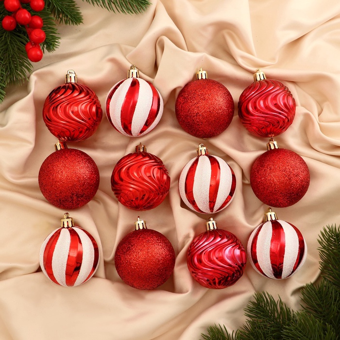 Ёлочные игрушки «Мелодия», d=6 см, набор 12 шт., полосы, бело-красный - Фото 1