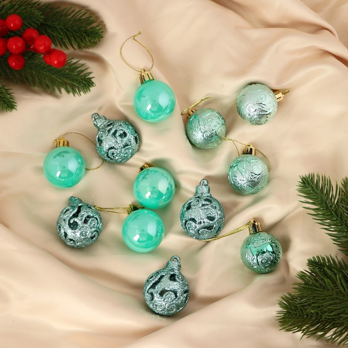 Ёлочные игрушки «Мелодия», шары новогодние, d=4 см, набор 12 шт., орнамент, зелёный - Фото 1