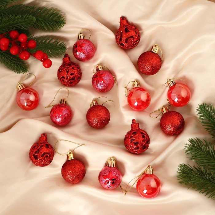 Ёлочные игрушки «Мелодия», шары новогодние, d=4 см, набор 16 шт., орнамент, красный - Фото 1