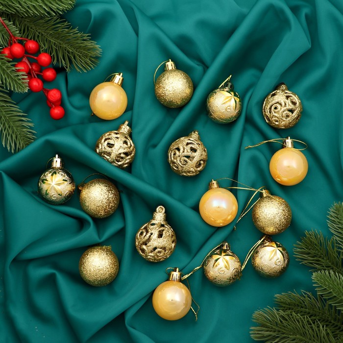 Ёлочные игрушки «Мелодия», шары новогодние, d=4 см, набор 16 шт., орнамент, золото - Фото 1