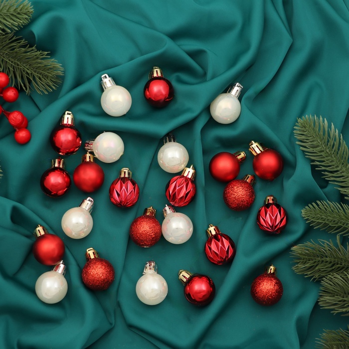 Ёлочные игрушки «Мелодия» грани, d=3 см, набор 24 шт., белый/красный - Фото 1