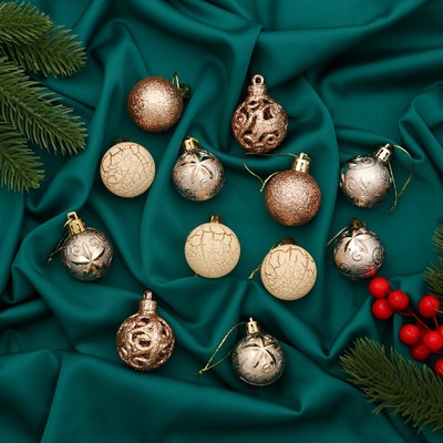 Набор шаров пластик d-4 см, 12 шт "Мелодия" орнамент треск, золото