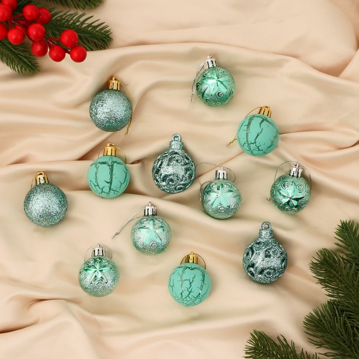 Ёлочные шары 12 шт. «Мелодия», d=4 см, орнамент треск, зелёный - Фото 1